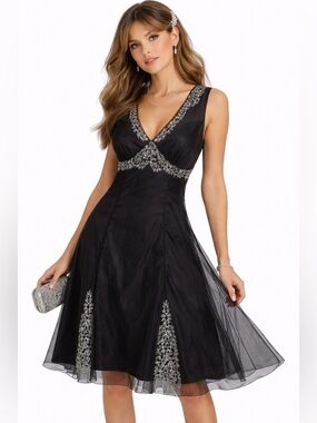 London Times Black Sheer Embroidered Midi Dress 6 Mesh Gothic Romantic Fairycore